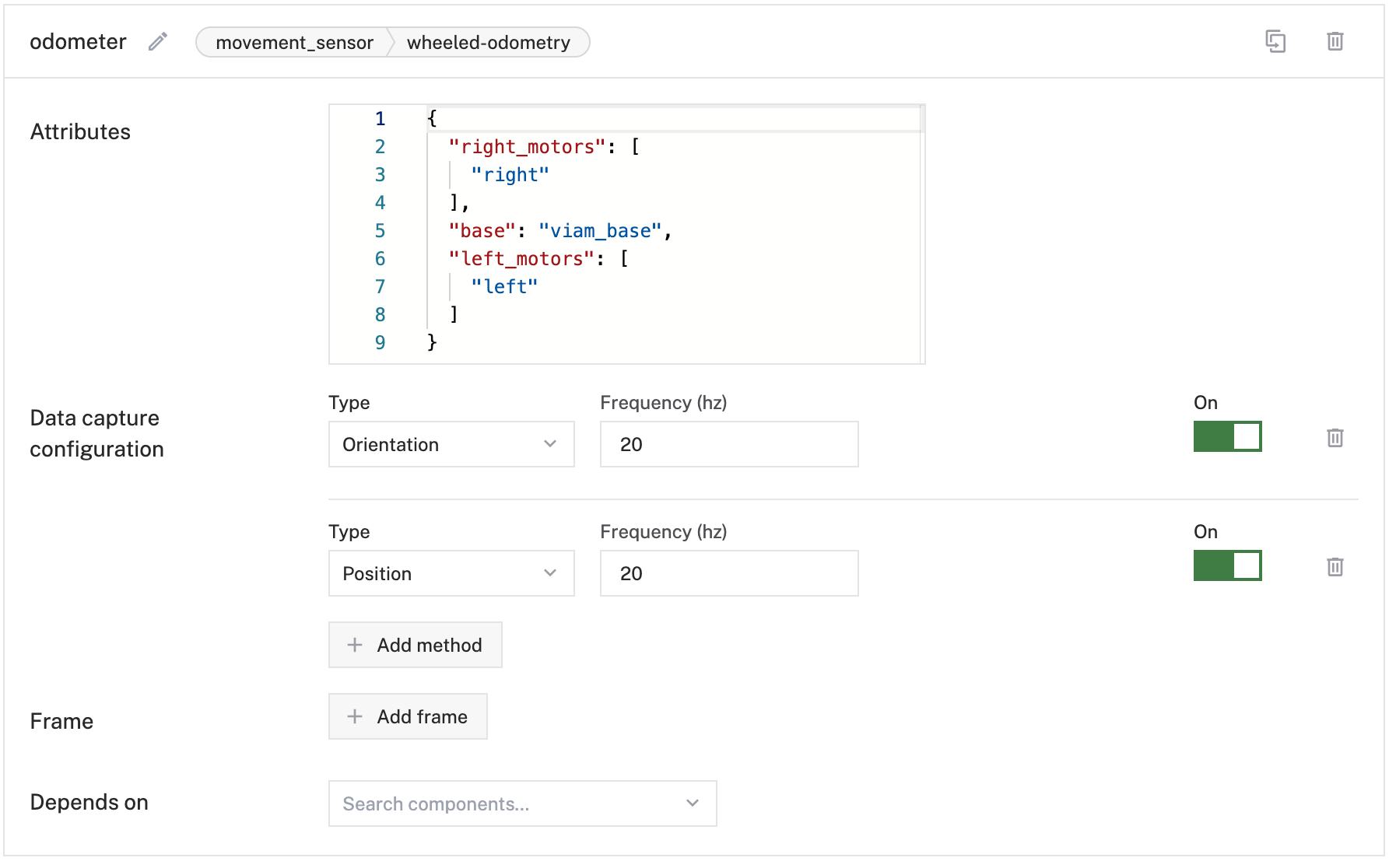 A wheeled odometer configured with position and orientation both configured for capture at 20 Hz.